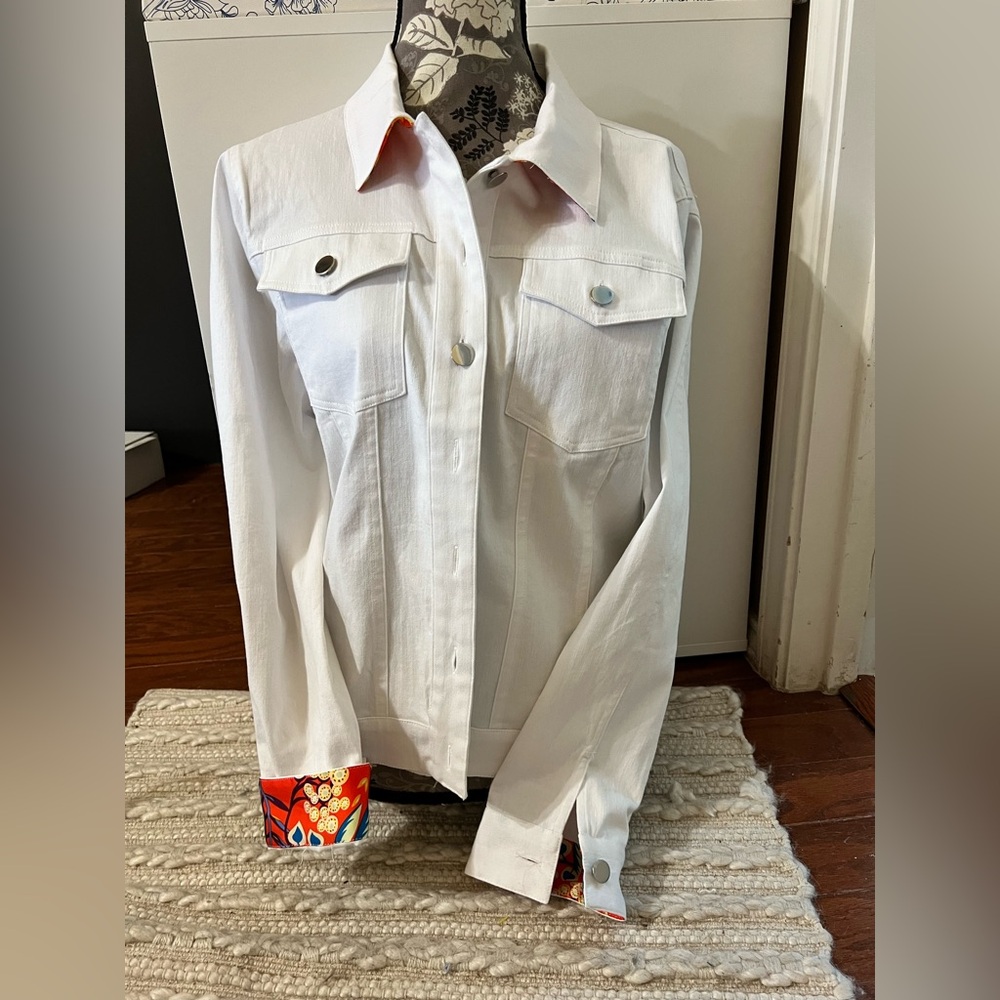 White Denim Jacket with Colorful Cuffs and Back